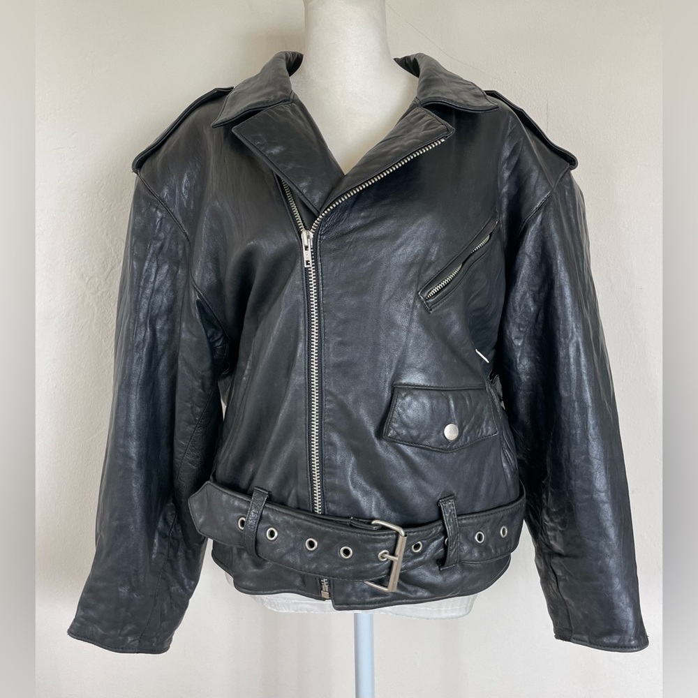 Men’s motorcycle jacket leather vintage black small heavy Tannery West pre-1988